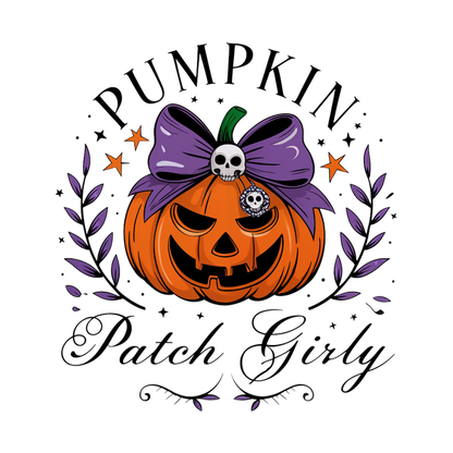 A vibrant Halloween design featuring a smiling pumpkin adorned with a purple bow and skull, perfect for festive vibes!dtf regular iron