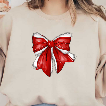 A festive red bow adorned with fluffy white trim, perfect for holiday decorations and special gifts. heat press transfers