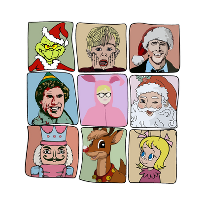 A festive collage featuring beloved holiday characters like the Grinch, Santa Claus, and Rudolph in a fun, cartoon style.DTF Transfersdtf regular irondtf regular iron