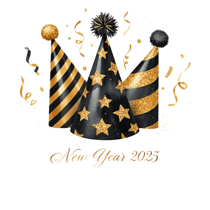 Festive party hats in black and gold celebrate New Year 2025, adorned with stars and cheerful confetti.DTF Transfers