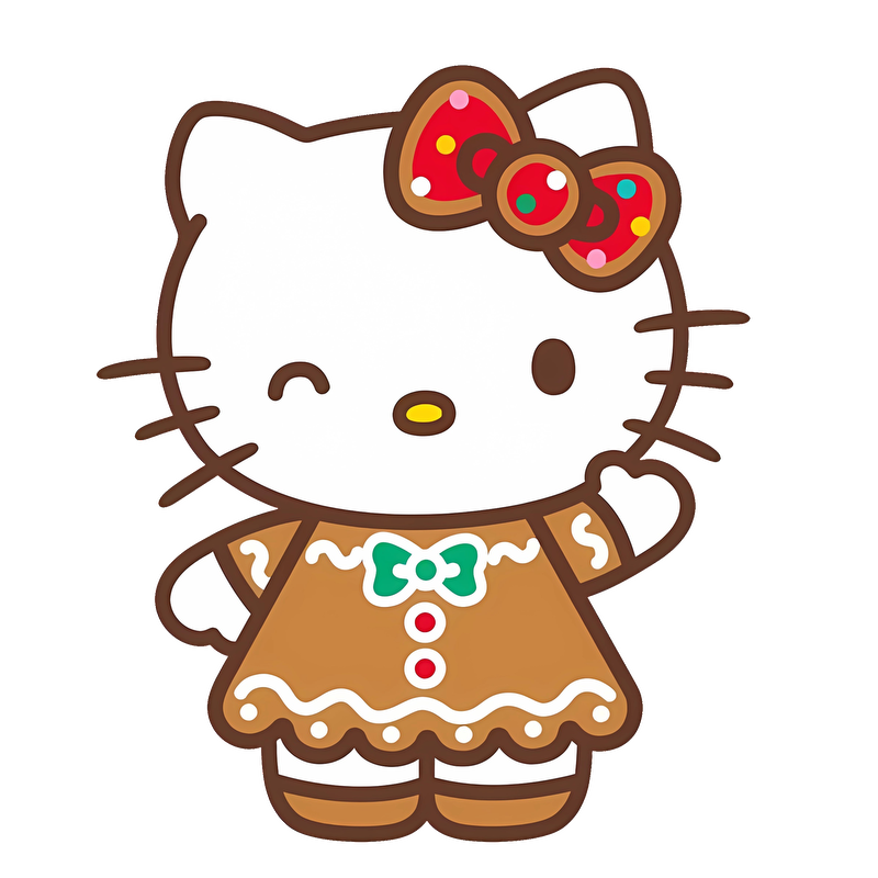 Meet Hello Kitty dressed in a charming gingerbread outfit, complete with a cute bow and festive details!DTF Transfers