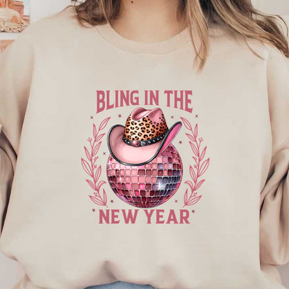 Celebrate the New Year in style with this fun design featuring a pink leopard print cowboy hat atop a shimmering disco ball!DTF Transfers heat press transfers dtf prints