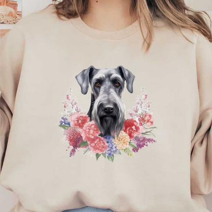 Una ilustración bellamente detallada de un perro rodeado de una vibrante corona floral, que muestra sus características expresivas y su encanto único.