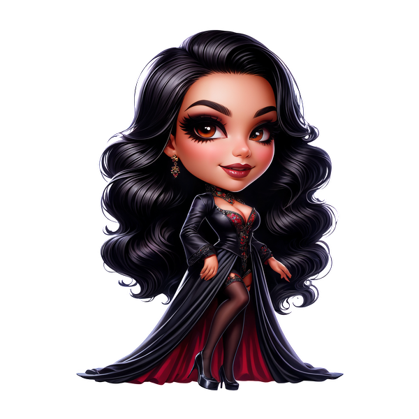 Un personaje glamoroso de estilo de dibujos animados, con cabello negro suelto y un espectacular vestido negro y rojo, que irradia confianza y encanto.