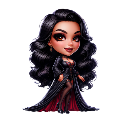 Un personaje glamoroso de estilo de dibujos animados, con cabello negro suelto y un espectacular vestido negro y rojo, que irradia confianza y encanto.