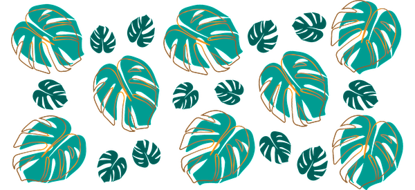 A vibrant pattern featuring tropical monstera leaves in shades of teal, perfect for adding a fresh, botanical touch.UV Transfers heat press transfers