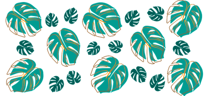 A vibrant pattern featuring tropical monstera leaves in shades of teal, perfect for adding a fresh, botanical touch.UV Transfers heat press transfers