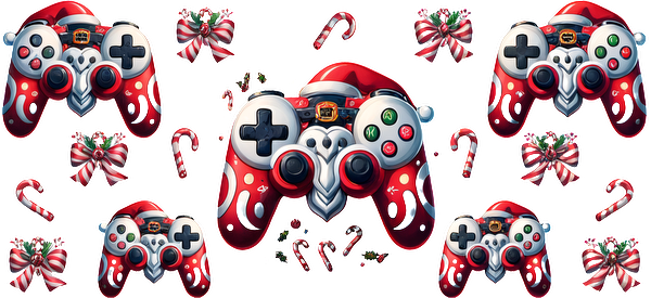 Festive video game controllers adorned with Santa hats, candy canes, and bows, perfect for holiday gaming sessions!UV Transfers heat press transfers