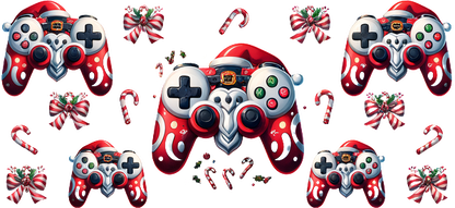 Festive video game controllers adorned with Santa hats, candy canes, and bows, perfect for holiday gaming sessions!UV Transfers heat press transfers