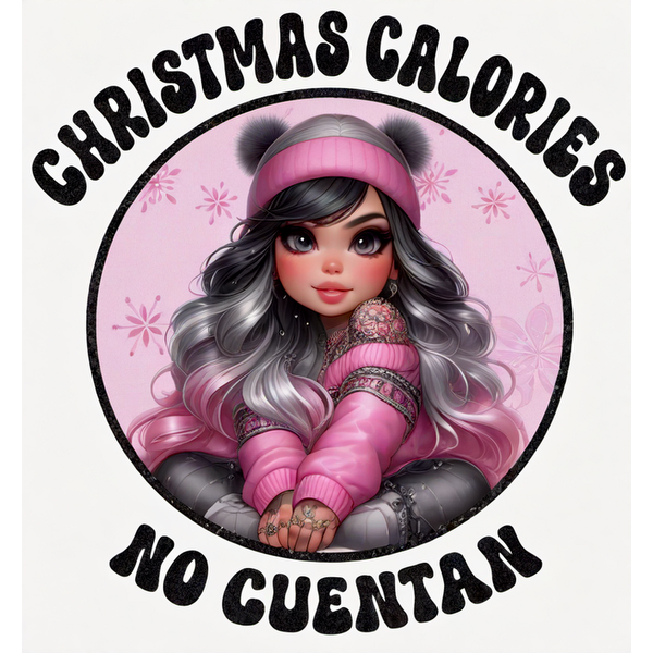 Una alegre ilustración que presenta a una niña con un suéter y un gorro rosa con la divertida cita "Las calorías de Navidad no cuentan".