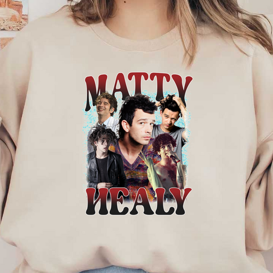 Un collage vibrante de Matty Healy que muestra sus expresiones dinámicas y diversos estilos, resaltados por una tipografía audaz. Transferencias DTF