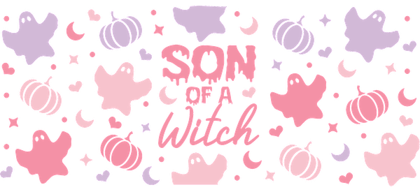 A playful Halloween-themed design featuring pastel ghosts, pumpkins, and the text "SON OF A WITCH" in vibrant colors.UV Transfersdtf regular iron