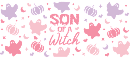 A playful Halloween-themed design featuring pastel ghosts, pumpkins, and the text "SON OF A WITCH" in vibrant colors.UV Transfersdtf regular iron