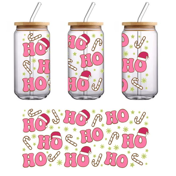 A festive illustration featuring playful pink "HO" text adorned with Santa hats, candy canes, and cheerful snowflakes.UV Transfersdtf regular iron