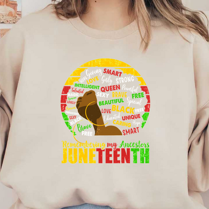 A vibrant Juneteenth graphic featuring powerful affirmations and symbols of strength, celebrating heritage and remembrance of ancestors.dtf regular iron