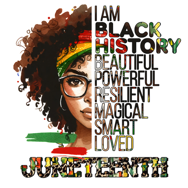 A vibrant illustration celebrating Black history, featuring a woman with curly hair and colorful headwear, emphasizing empowerment and resilience. heat press transfers