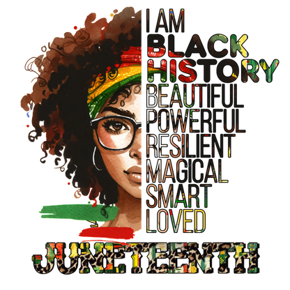 A vibrant illustration celebrating Black history, featuring a woman with curly hair and colorful headwear, emphasizing empowerment and resilience. heat press transfers