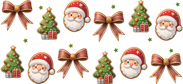 A cheerful collection of Christmas-themed icons featuring Santa faces, festive trees, and decorative bows in vibrant colors.UV Transfers dtf prints