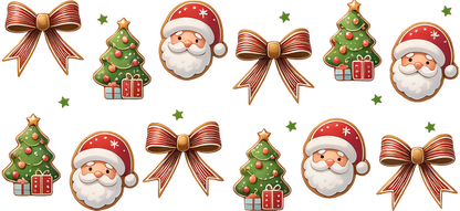 A cheerful collection of Christmas-themed icons featuring Santa faces, festive trees, and decorative bows in vibrant colors.UV Transfers dtf prints