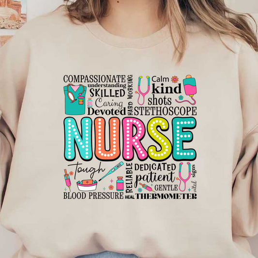 A colorful and playful design featuring the word "NURSE," surrounded by fun illustrations of medical tools and supplies.DTF Transfers