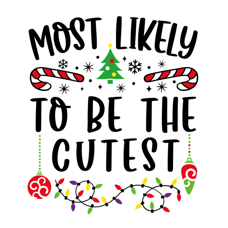 Festive holiday graphic featuring colorful candy canes, a Christmas tree, ornaments, and vibrant lights, perfect for seasonal cheer!DTF Transfers dtf prints