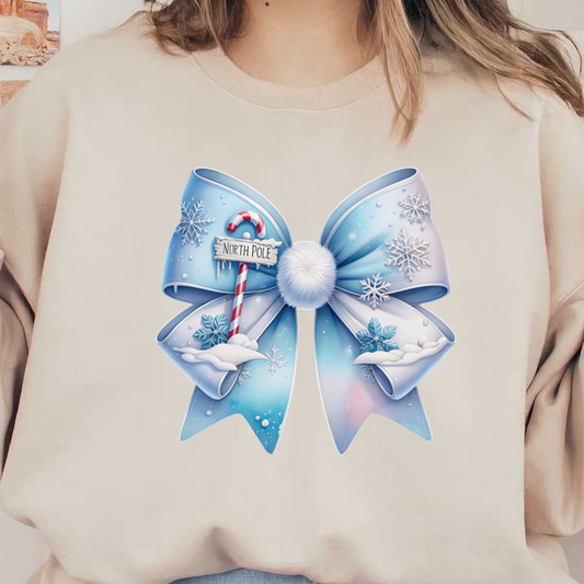 A festive blue bow featuring snowflakes, a pom-pom center, and a whimsical North Pole sign with a candy cane. dtf transfers