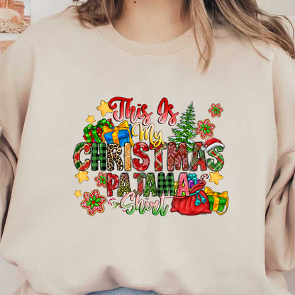 Festively fun, this colorful design boldly declares "This Is My Christmas Pajama Shirt," adorned with cheerful holiday elements.DTF Transfers dtf transfers heat press transfers