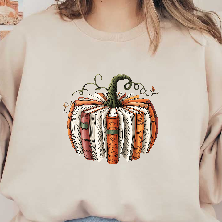 A creative pumpkin made of colorful books, featuring a leafy vine on top.DTF Transfers