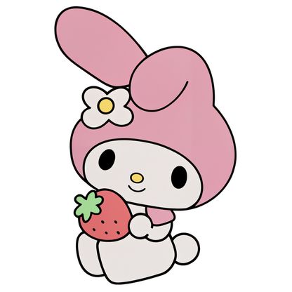 Lindo personaje de My Melody con un sombrero de conejito rosa, sosteniendo una fresa y adornado con una flor blanca. Transferencias DTF