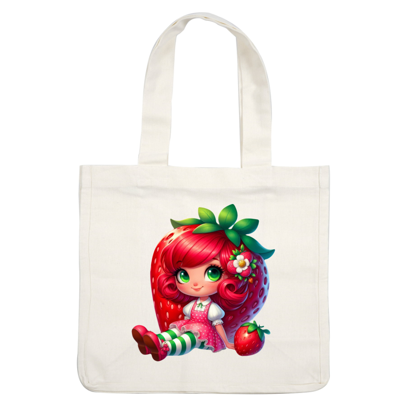 A cute, whimsical character with vibrant red hair, dressed in a pink polka-dot dress and striped green stockings, sits beside a strawberry.DTF Transfers