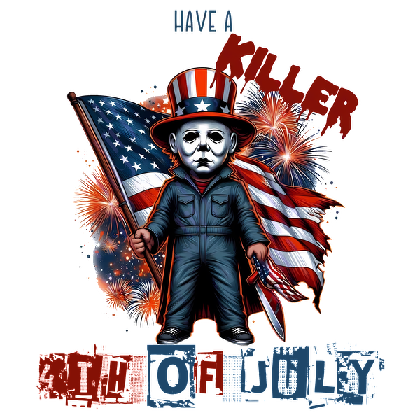 Celebrate the Fourth of July with this quirky graphic featuring a masked character holding an American flag amidst fireworks! dtf prints