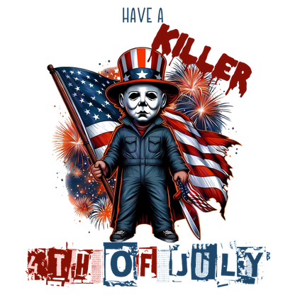 Celebrate the Fourth of July with this quirky graphic featuring a masked character holding an American flag amidst fireworks! dtf prints