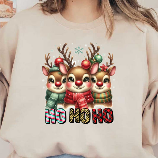 Adorable festive reindeer wearing colorful scarves and holiday decorations, joyfully exclaiming "HO HO HO" against a snowy backdrop. dtf prints