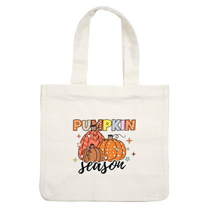 Celebrate the cozy vibes of autumn with this colorful "Pumpkin Season" graphic featuring three charming pumpkins and sparkling stars. heat press transfers