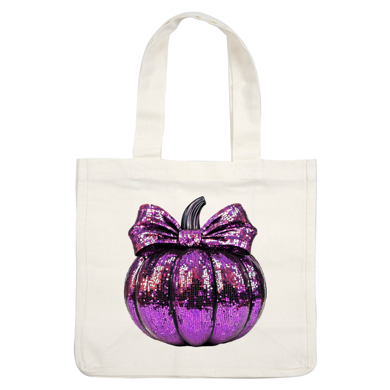 Shiny purple pumpkin decorated with sequins and a stylish bow, perfect for festive decorations or Halloween! dtf prints