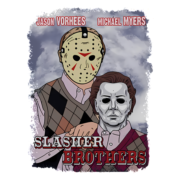 Una ilustración divertida de los icónicos personajes de terror Jason Voorhees y Michael Myers, titulada "Slasher Brothers", que presenta sus máscaras y trajes característicos.