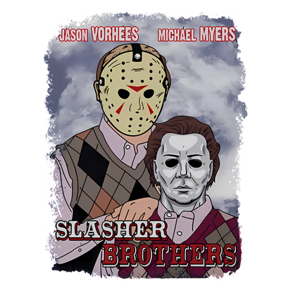 Una ilustración divertida de los icónicos personajes de terror Jason Voorhees y Michael Myers, titulada "Slasher Brothers", que presenta sus máscaras y trajes característicos.