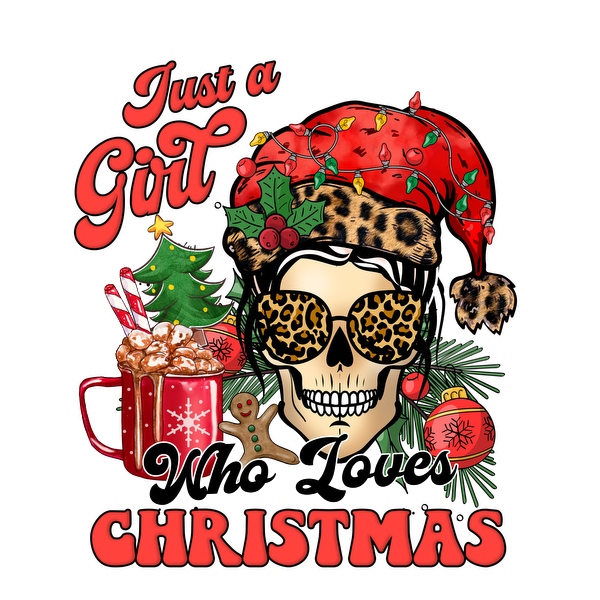 A festive design featuring a stylish skull in a Santa hat, celebrating a girl who loves Christmas with playful elements.dtf regular iron