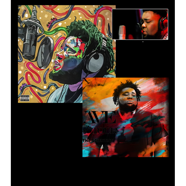 A vibrant collection showcasing artistic album covers and a live performance image featuring a dynamic artist in a recording studio.DTF Transfers heat press transfers