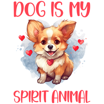 Una linda ilustración de un Corgi con un collar de corazón, con la leyenda "El perro es mi animal espiritual", rodeado de corazones.