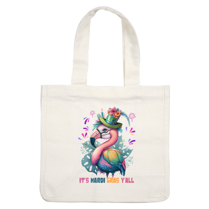 This vibrant Mardi Gras-themed design features a colorful flamingo wearing a festive hat, surrounded by tropical leaves and playful text.DTF Transfers