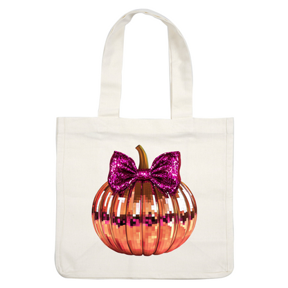 This sparkling pumpkin features a shiny, mirrored surface and a vibrant pink sequined bow, perfect for festive decor.