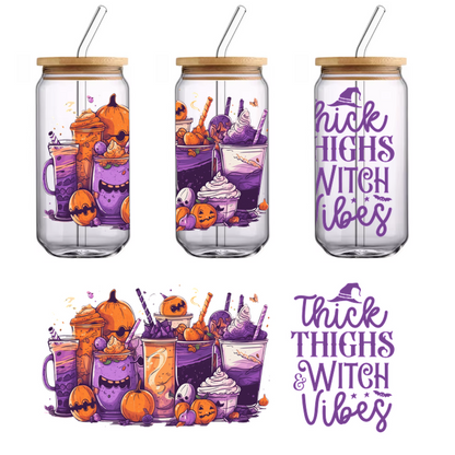 A vibrant collection of spooky-themed drinks and desserts in purple and orange, perfect for Halloween vibes!UV Transfersdtf regular iron dtf prints