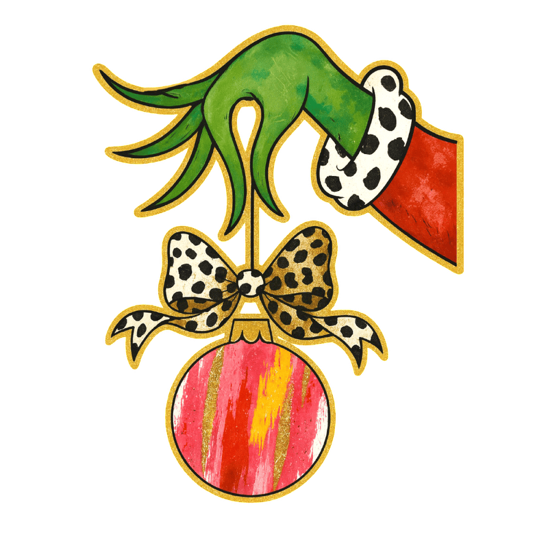 A whimsical green hand is hanging a colorful Christmas ornament with a bow.DTF Transfers