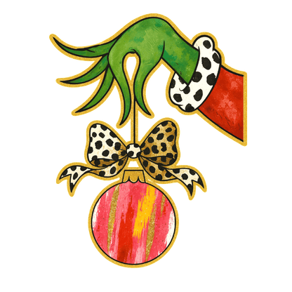 A whimsical green hand is hanging a colorful Christmas ornament with a bow.DTF Transfers
