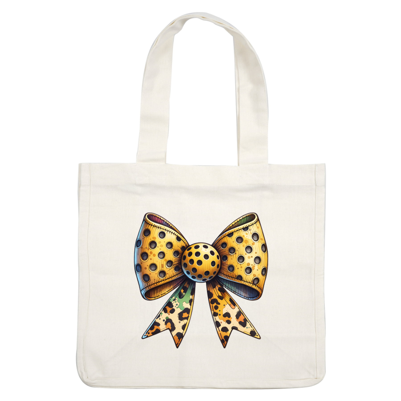 This stylish bow features a gold and leopard print design with playful polka dots, perfect for adding flair to any outfit.