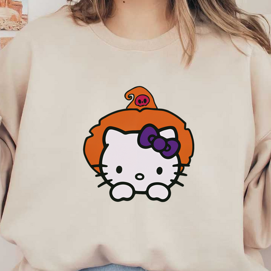 This adorable Hello Kitty features a playful design with an orange witch hat and a cute purple bow.DTF Transfers