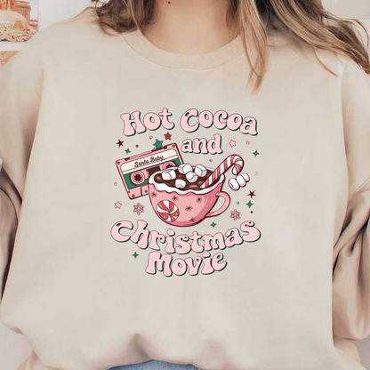 Cozy illustration featuring hot cocoa topped with marshmallows and a candy cane, accompanied by a festive cassette tape. heat press transfers