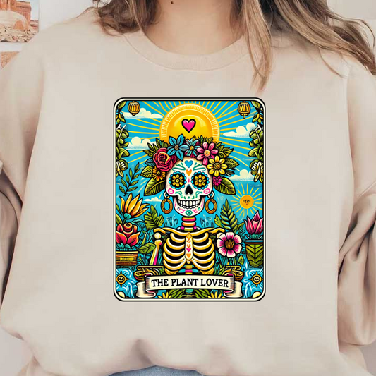 Una ilustración vibrante y colorida de una calavera de azúcar adornada con flores y plantas, titulada "El amante de las plantas".