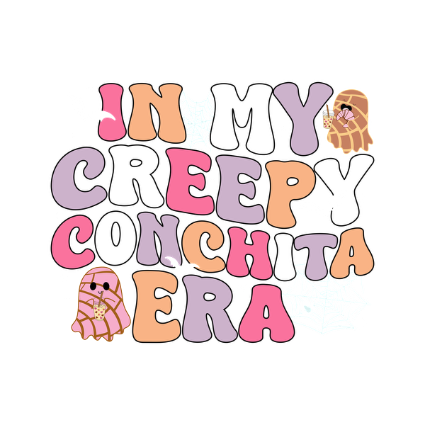 Diseño de texto divertido con temática de Halloween que presenta la frase "In My Creepy Conchita Era" con letras coloridas e ilustraciones lindas.